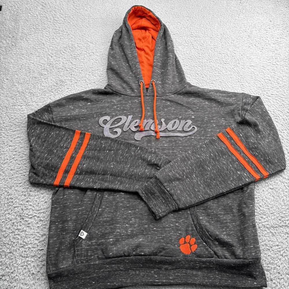 Clemson Tigers Hoodie Sweatshirt Womens Large Grey Orange Pullover Script NCAA